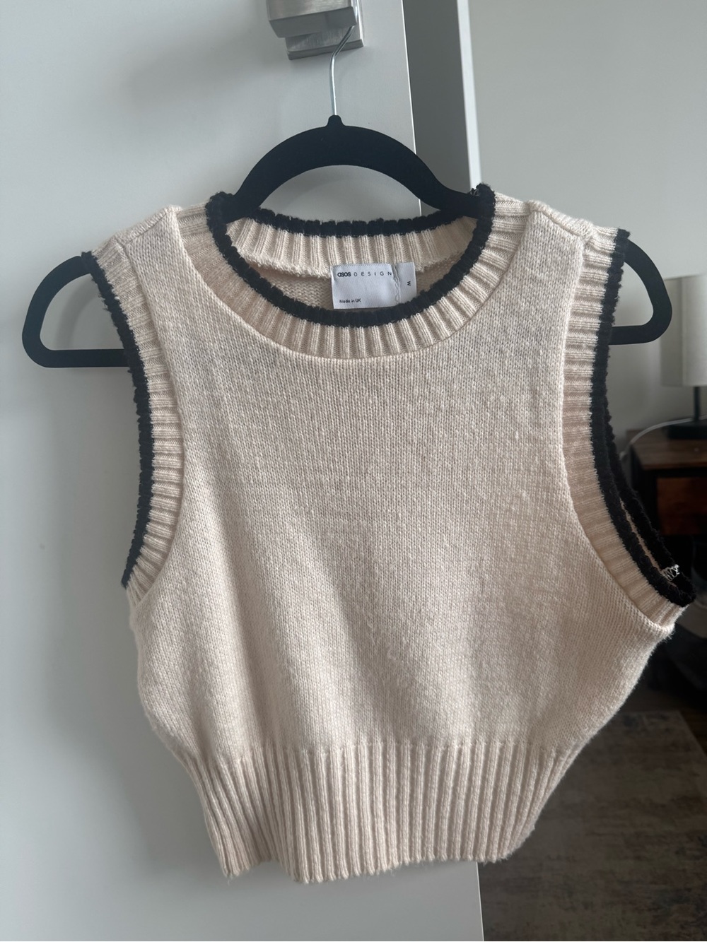 ASOS Cream Knit Sleeveless Cropped Sweater Tank with Black Trim